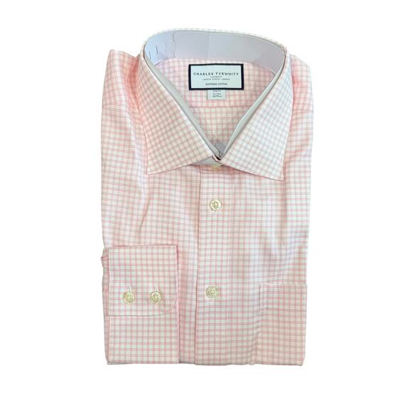 Charles Tyrwhitt Egyptian Cotton Slim Fit Check Shirt in White/Pink, Size 17/37
